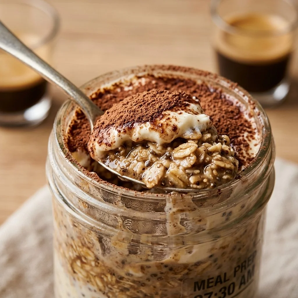 Delicious tiramisu overnight oats topped with cocoa and coffee.