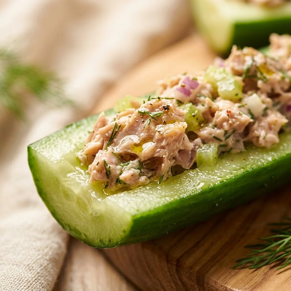 Tuna cucumber boats served on a platter with fresh herbs