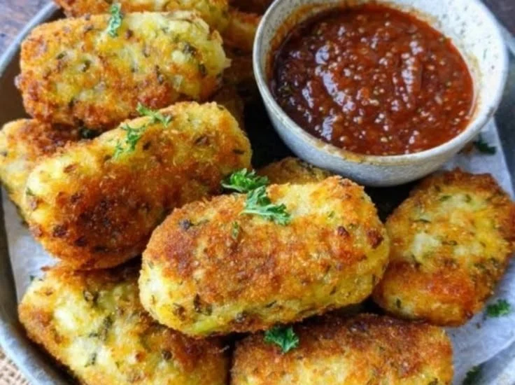 Plate of vegetable croquettes in sauce, garnished with herbs.