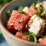 Watermelon feta skewers garnished with mint for a refreshing summer appetizer