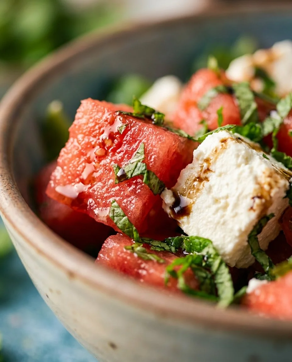 Watermelon feta skewers garnished with mint for a refreshing summer appetizer