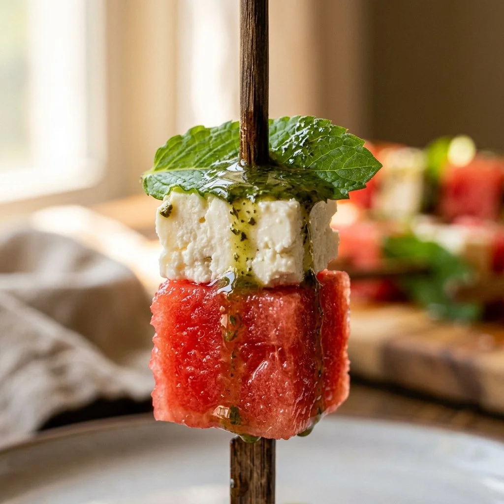 Delicious Watermelon Feta Skewers drizzled with mint sauce for a refreshing summer snack.