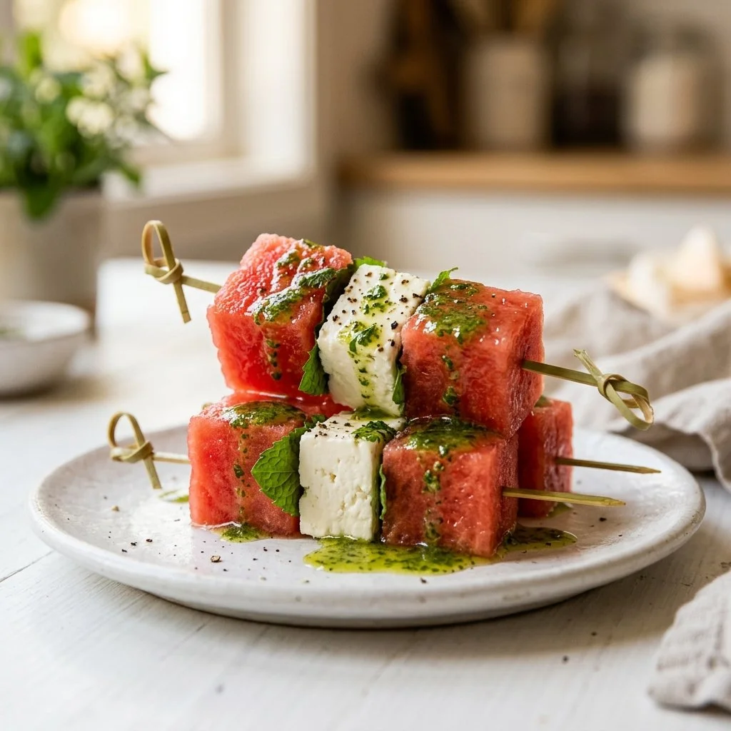 Watermelon Feta Skewers with Mint Drizzle