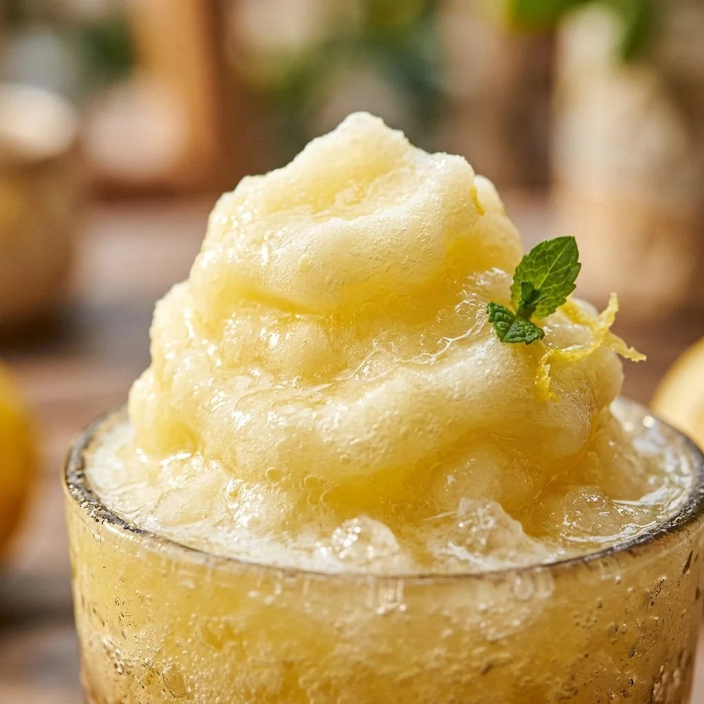 Refreshing whipped lemonade slush in a glass, topped with lemon slices.