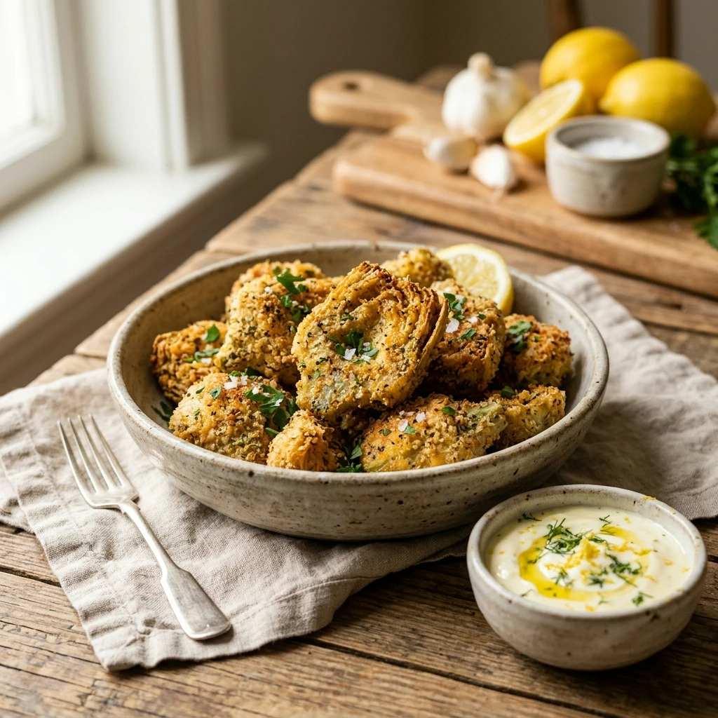 Air Fryer Crispy Artichoke Hearts with Lemon Dip