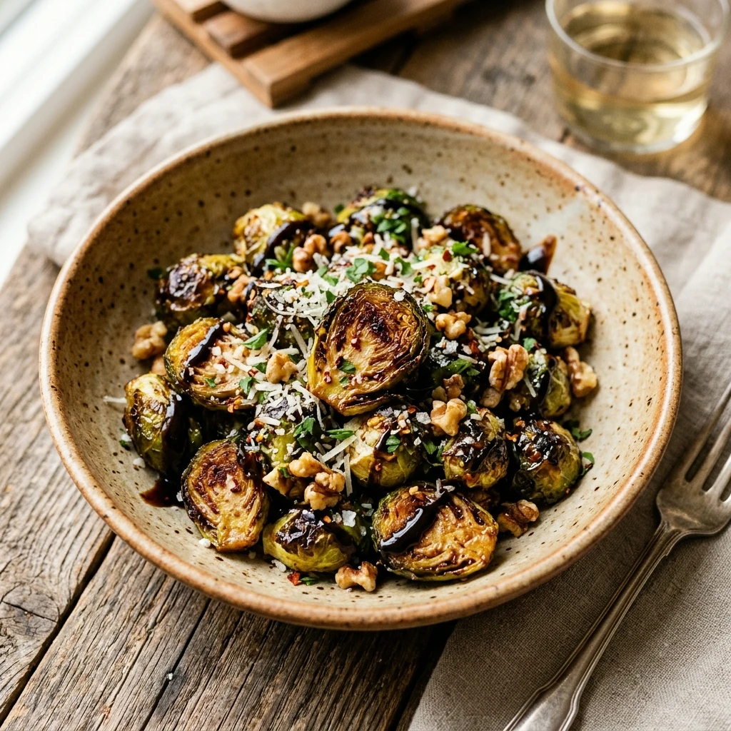 Air Fryer Crispy Brussels Sprouts with Balsamic Glaze
