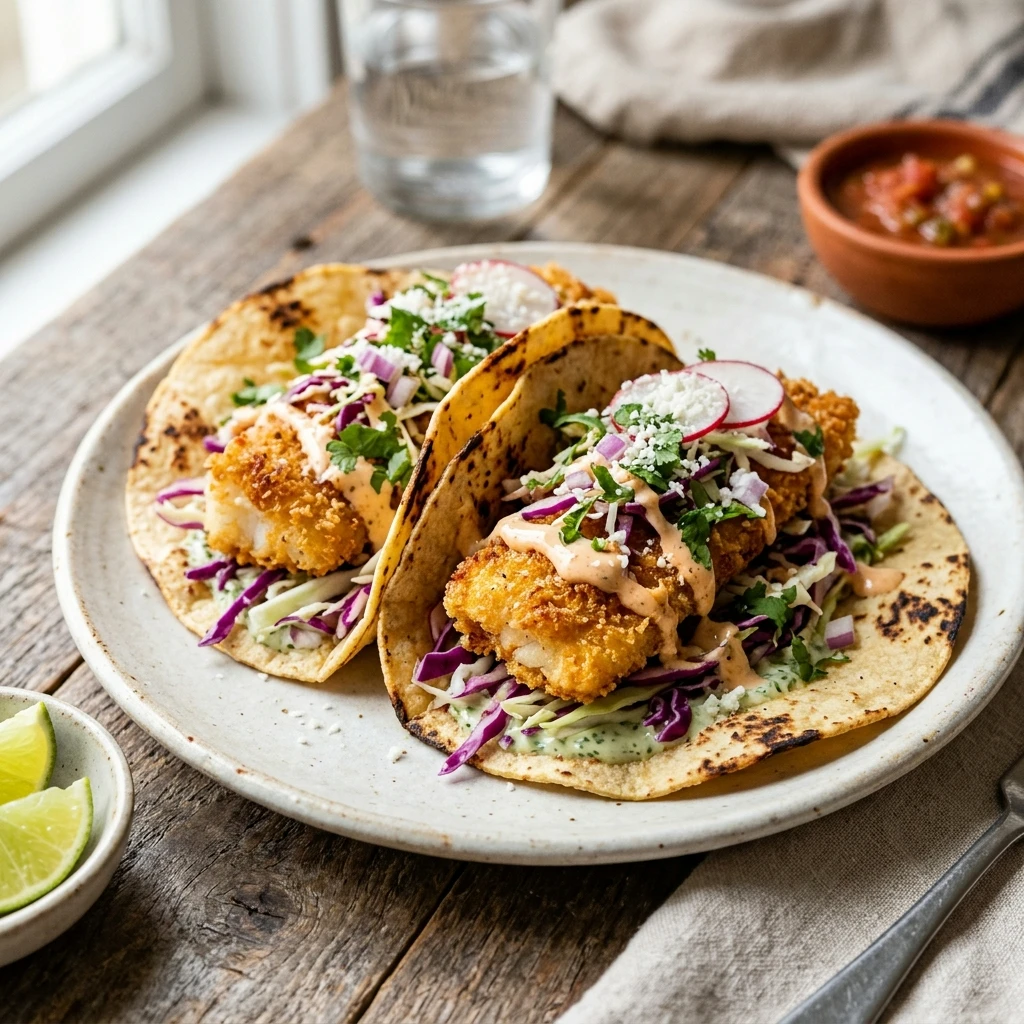Air Fryer Crispy Fish Tacos with Cabbage Slaw