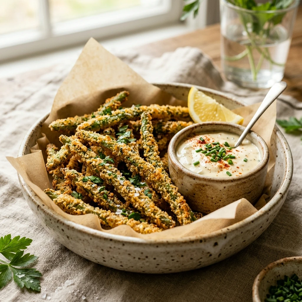 Air Fryer Crispy Green Bean Fries with Garlic Aioli