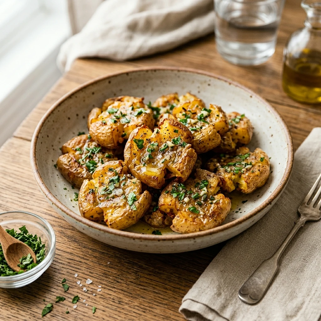 Air Fryer Crispy Smashed Potatoes with Garlic Herb Butter