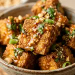 Air Fryer Crispy Tofu Cubes with Peanut Sauce