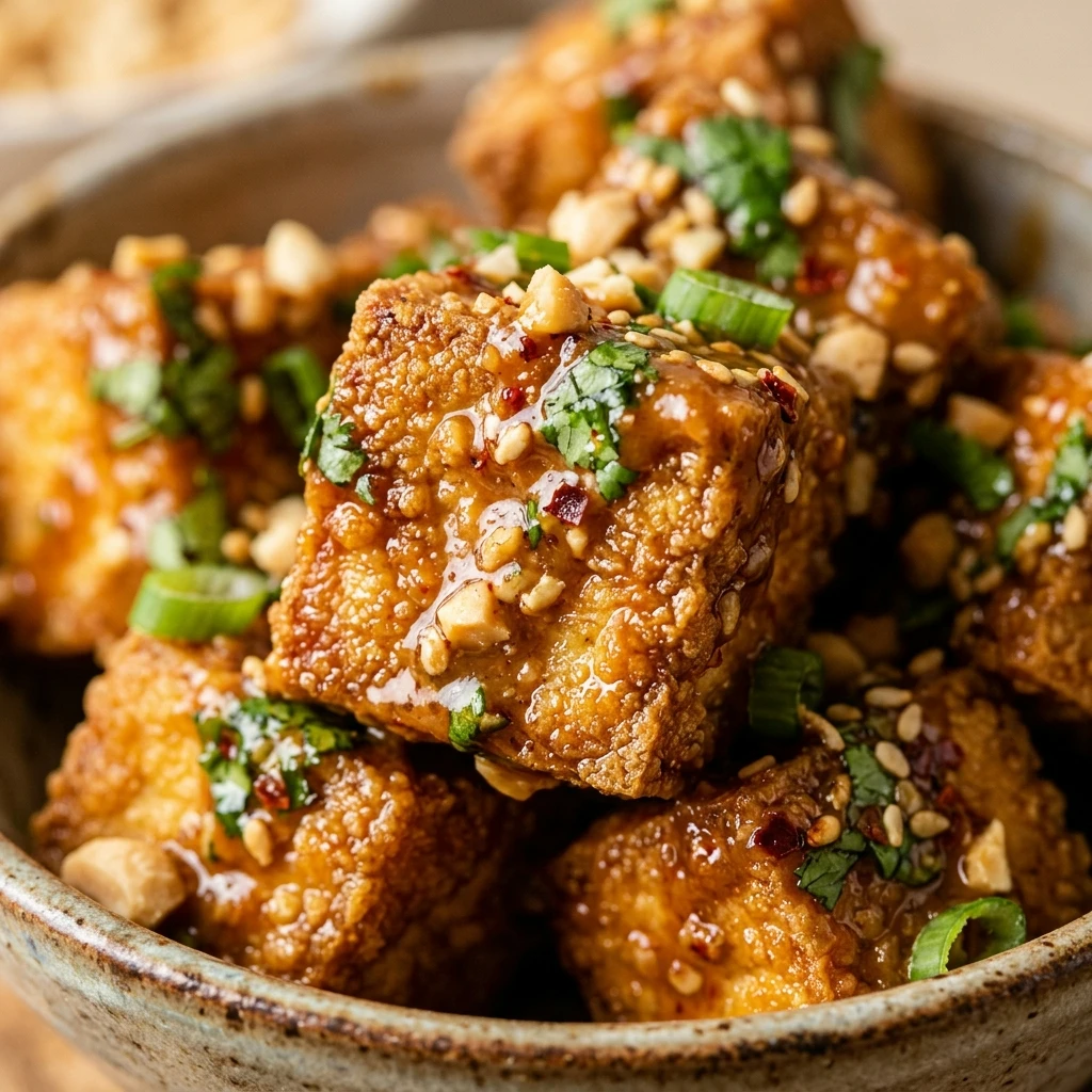 Air Fryer Crispy Tofu Cubes with Peanut Sauce