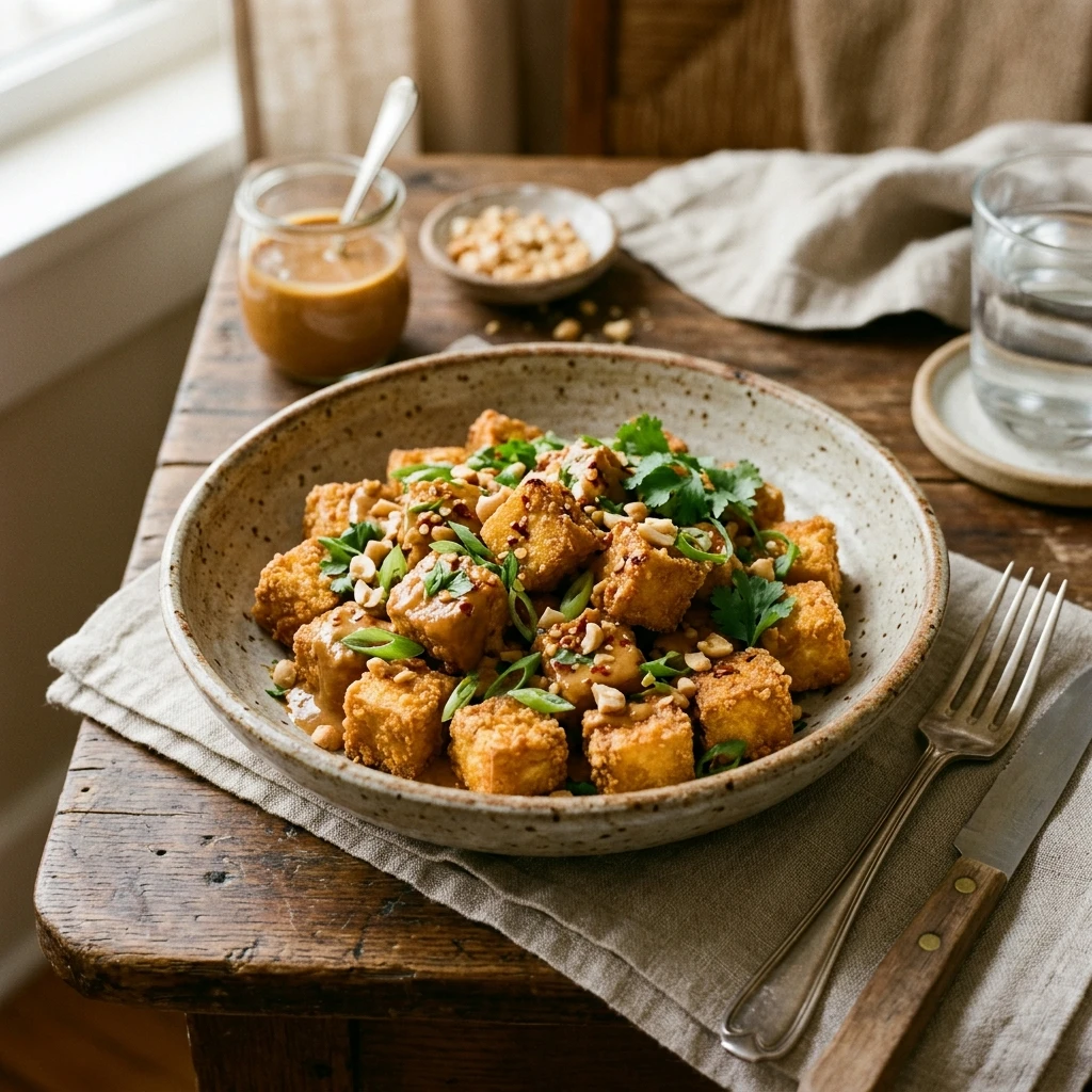 Air Fryer Crispy Tofu Cubes with Peanut Sauce