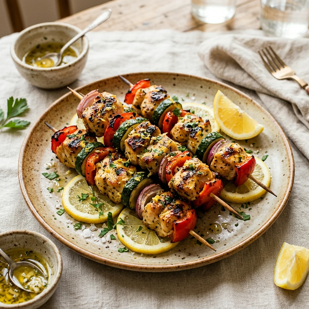Air Fryer Lemon Garlic Chicken Skewers