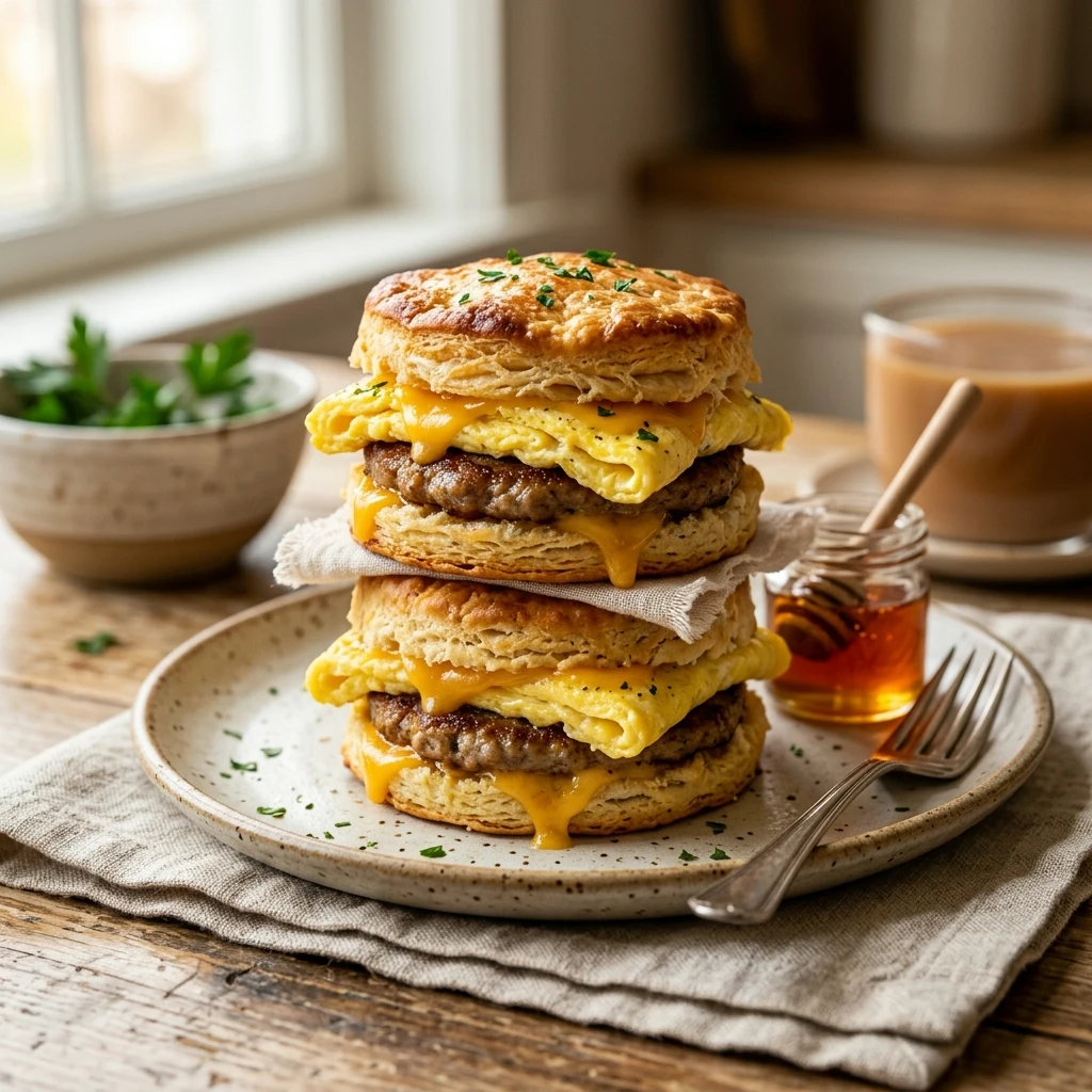 Air Fryer Sausage Egg and Cheese Biscuits