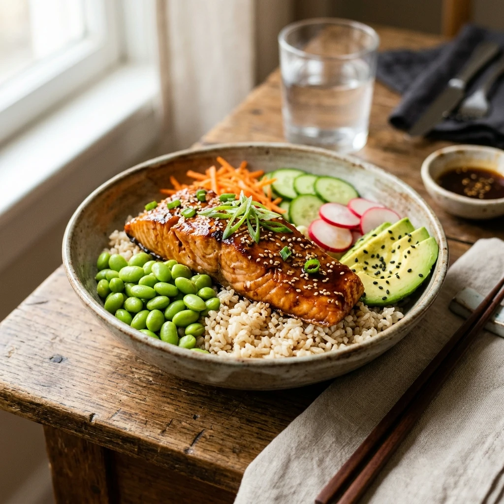 Air Fryer Teriyaki Salmon Bowls with Edamame