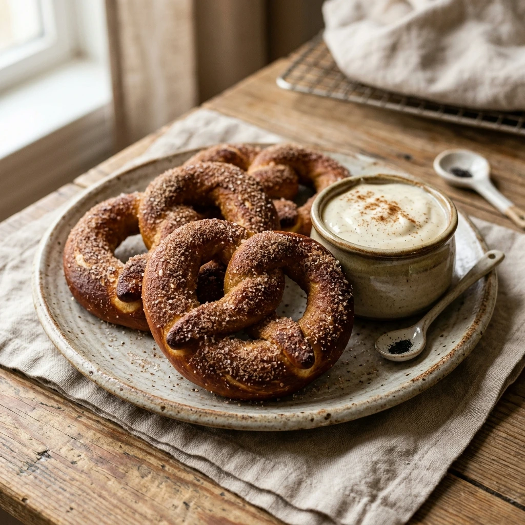 Cinnamon Sugar Soft Pretzels with Vanilla Dip