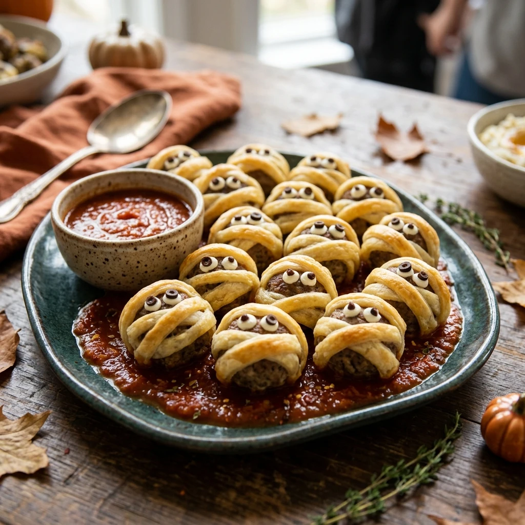 Halloween Mummy Meatballs Potluck Appetizer