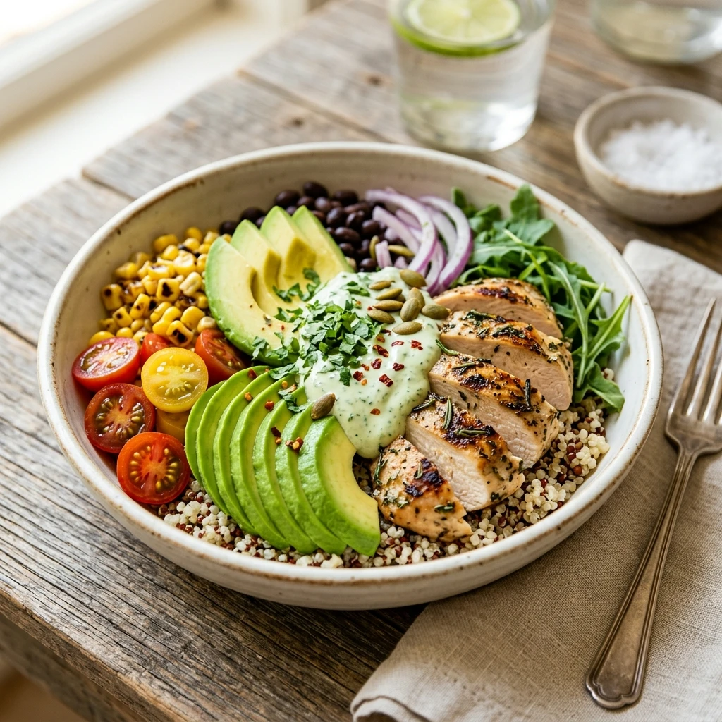 Healthy High Protein Chicken And Avocado Quinoa Bowls