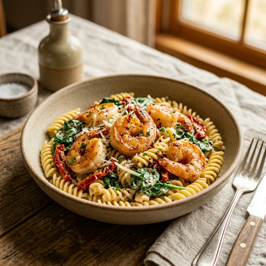 High Protein Creamy Tuscan Shrimp Pasta Recipe