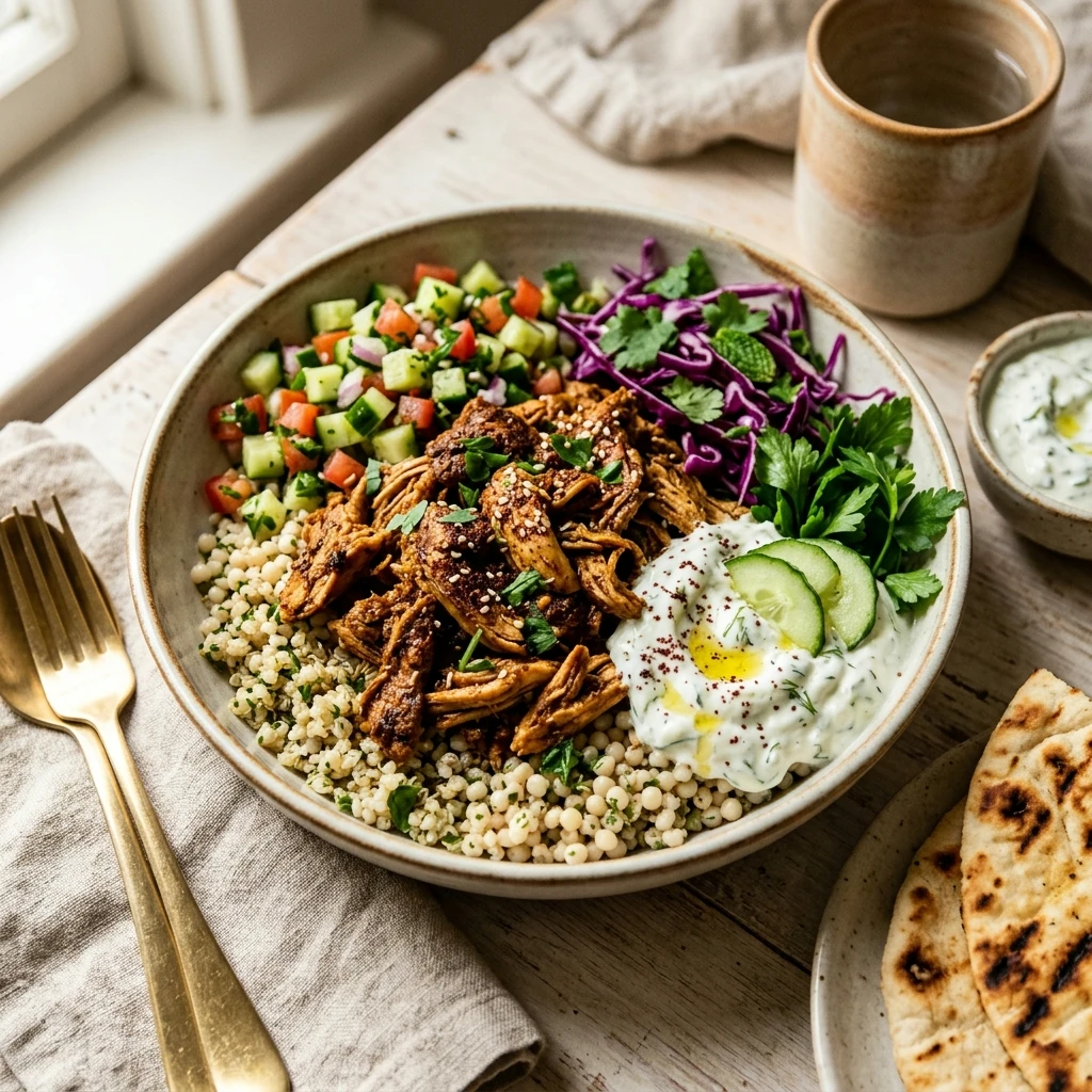 High Protein Crockpot Chicken Shawarma Bowls