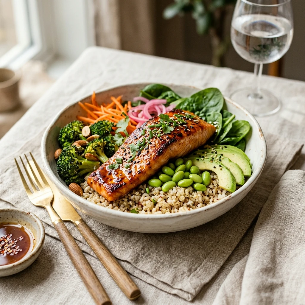 High Protein Maple Glazed Salmon Bowl