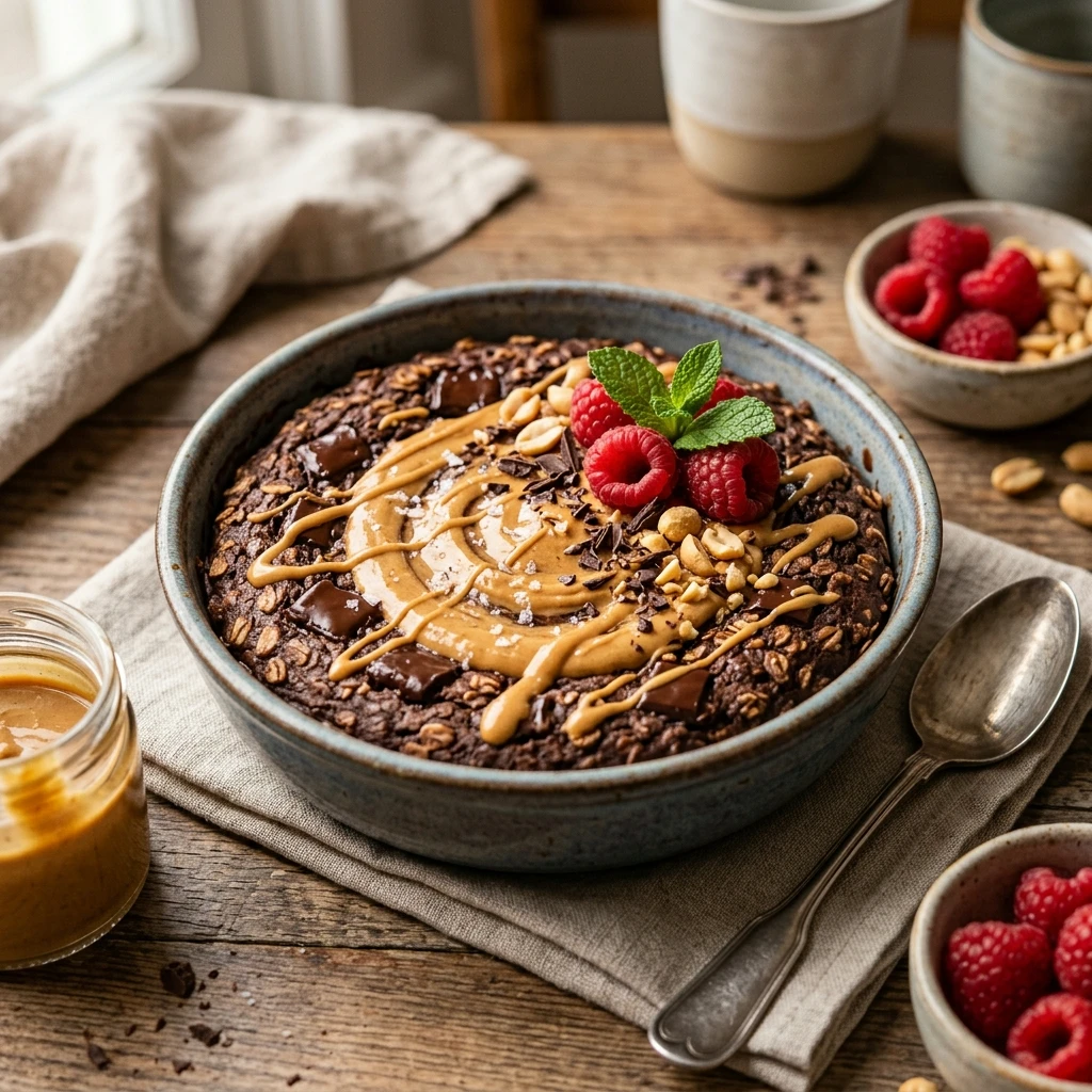 High Protein Peanut Butter Brownie Baked Oats Recipe
