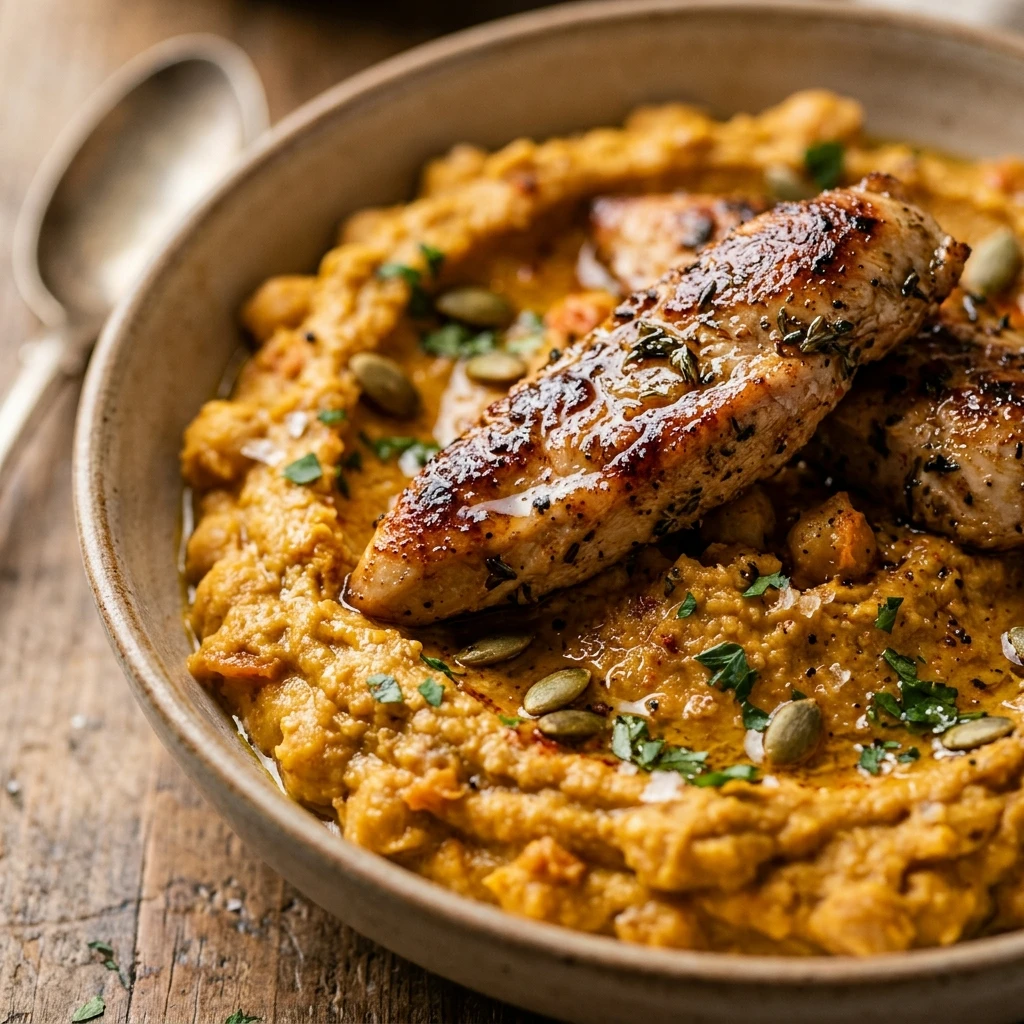 High Protein Pumpkin Hummus With Chicken Strips