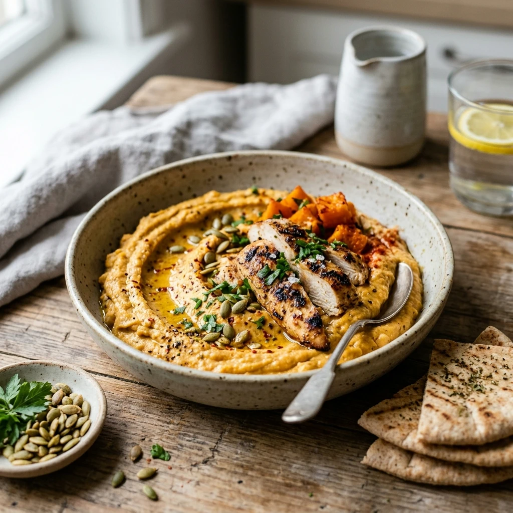 High Protein Pumpkin Hummus With Chicken Strips