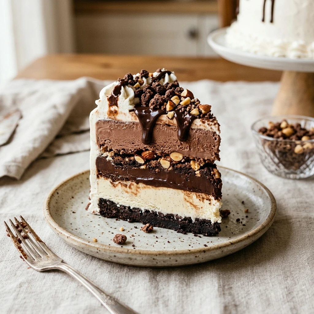 Ice Cream Cake with Fudge and Crunch Layers