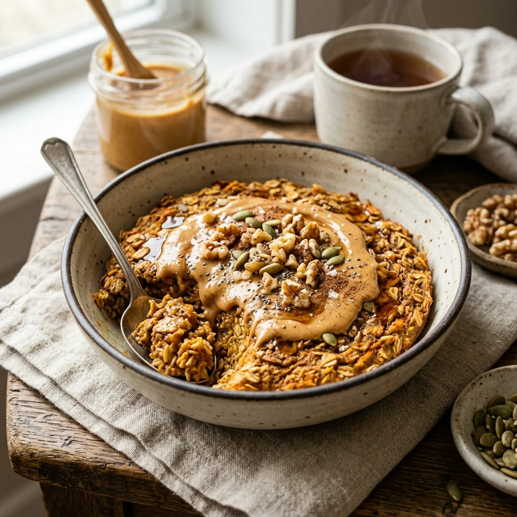 Pumpkin Baked Oats With Peanut Butter High Protein