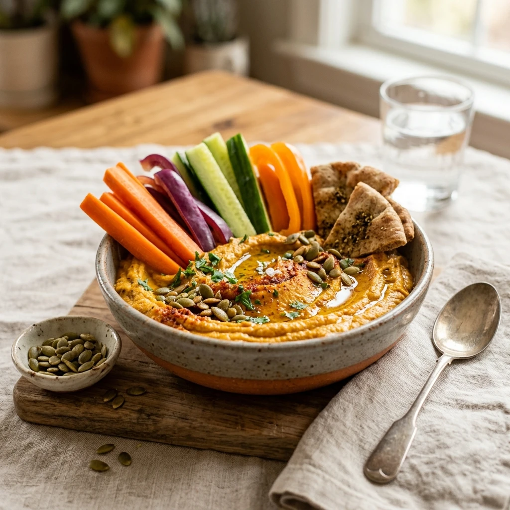 Pumpkin Hummus With Veggies High Protein Snack
